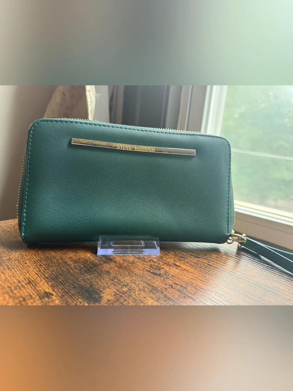 Steve Madden Emerald Zip-Around Wallet with Gold Logo Bar